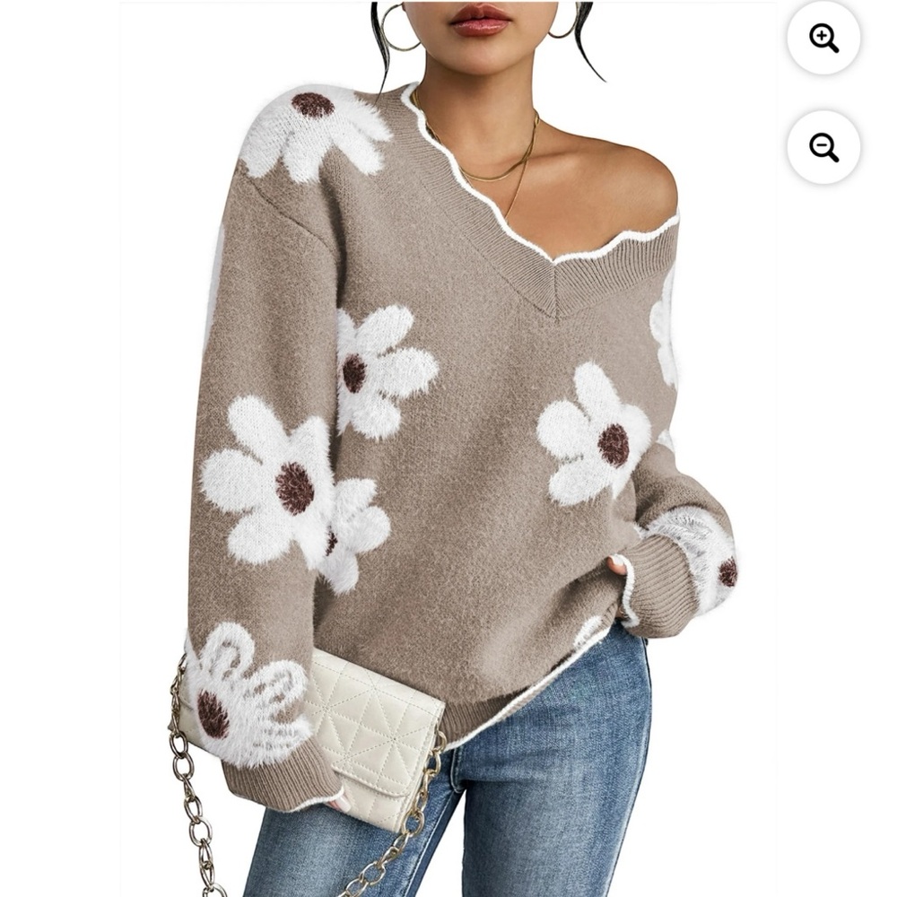 Soft Floral Scallop Trim Oversized Brown V-neck Sweater Cozy Women’s Medium Top